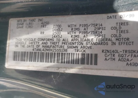 1999 Toyota Tacoma из США, поврежденный, VIN 4TANL42N9XZ555138